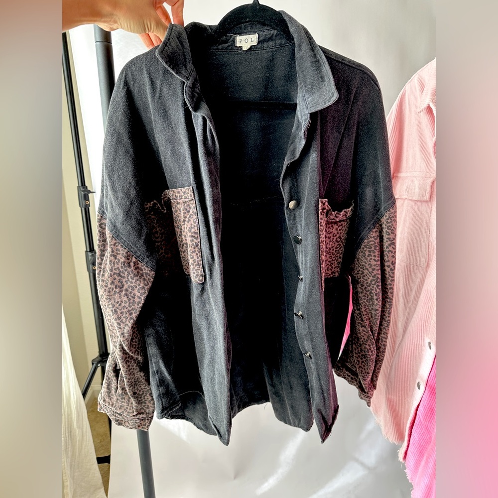 Washed black and leopard denim shacket
